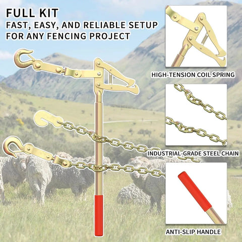 Fence Stretcher Bar Puller Kit 19.7ft Chain, 2200 Lbs Tensioner for Barbed and Chain Link Fences with non-slip handle