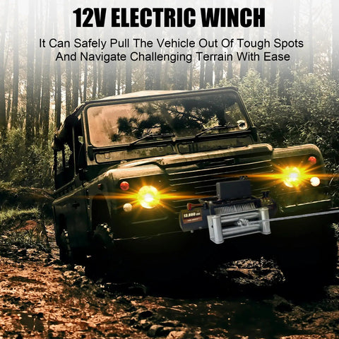 Heavy Duty 13800 Lbs Electric Winch For Trucks, UTVs And Offroad Vehicles With Steel Cable, 12V Power used in muddy terrain.