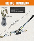 Come Along 5 Ton Heavy Duty Hand Winch With 10 Foot Steel Cable And Dual Ratchet Gears For Off Road Recovery Stuck Vehicle Towing Farm Use Truck And Trailer Recovery And Heavy Lifting, with hook and handle dimensions shown