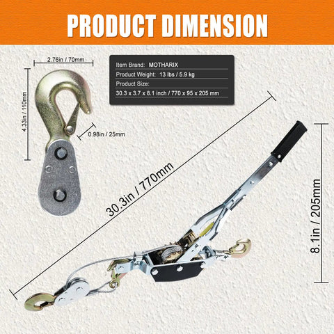 Come Along 5 Ton Heavy Duty Hand Winch With 10 Foot Steel Cable And Dual Ratchet Gears For Off Road Recovery Stuck Vehicle Towing Farm Use Truck And Trailer Recovery And Heavy Lifting, with hook and handle dimensions shown