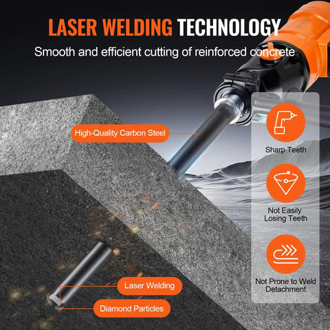 Close-up of diamond core drill bit demonstrating laser welding technology and sharp teeth for concrete drilling