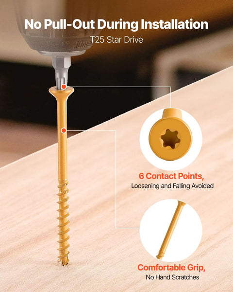 All Weather Tough Number 10 X 3 Inch Exterior Deck Screws 350 Count Pack with Torx T25 Star Drive shown in use during installation.