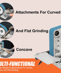 Kickass 2X36 Inch Desktop Belt Grinder And Sander Featuring Infinite Variable Speed For Knife Making with attachments for curved grinding.