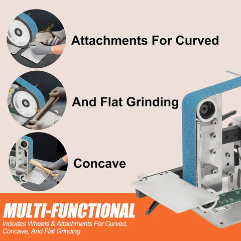 Kickass 2X36 Inch Desktop Belt Grinder And Sander Featuring Infinite Variable Speed For Knife Making with attachments for curved grinding.