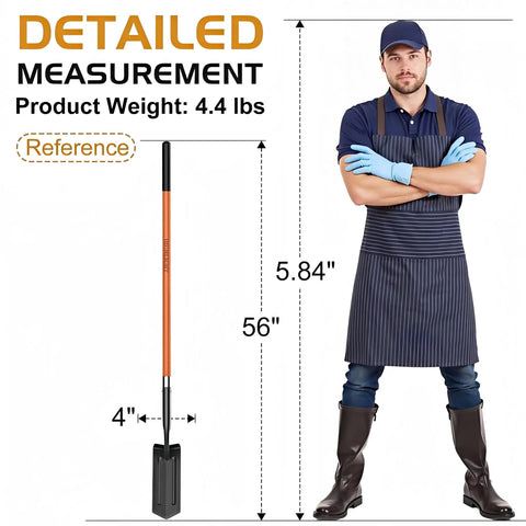 Heavy Duty Trench Shovel For Digging With 56 Inch Orange Fiberglass Handle And Narrow Spade, V Cut High Strength Steel