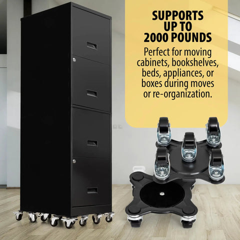 Heavy Duty Furniture Movers With Wheels Set Of 4 Easy Sliders Dollies Lifter Tool shown with a tall black cabinet.