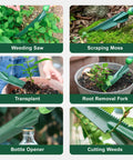 Workhorse 5 In 1 Garden Trowel Weeder Tool with Soft Handle, used for weeding, scraping moss, transplanting, root removal, and cutting.