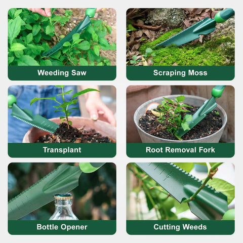 Workhorse 5 In 1 Garden Trowel Weeder Tool with Soft Handle, used for weeding, scraping moss, transplanting, root removal, and cutting.