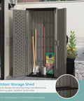 Vertical Outdoor Storage Shed With 22 Cubic Feet Of Capacity, Lockable Double Doors, garden tools inside, patio view
