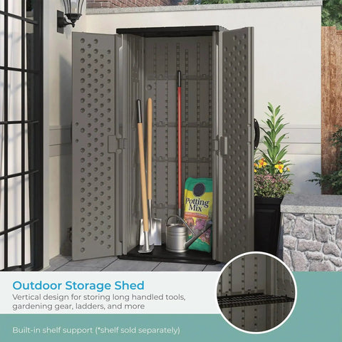 Vertical Outdoor Storage Shed With 22 Cubic Feet Of Capacity, Lockable Double Doors, garden tools inside, patio view