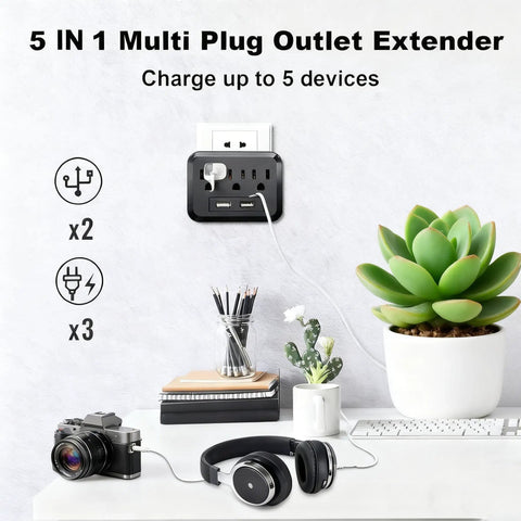Three Outlet Wall Charger Extender with LED nightlight on wall, charging camera, and headphones next to plant