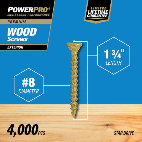 Premium Exterior Wood Deck Screws 8 x 1 and 3 Quarter Inch Bronze All Purpose Outdoor Decking Screws With T 25 Bit Self Starting Tip Corrosion Resistant For Outdoor Projects 4000 Pack image showing screw length and diameter details.