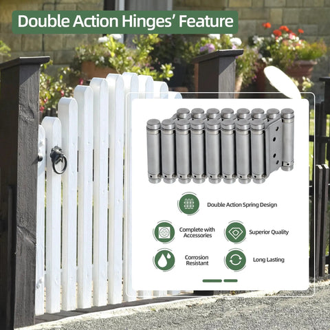 Image showing a Four Pack Double Action Spring Hinges For Self Closing Doors 3 Inch Stainless Steel 201 Includes Pins And Screws.