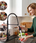 Commercial Grade Kitchen Workstation Faucet with with Glass Rinser & LED in use, washing tomatoes in a modern kitchen.