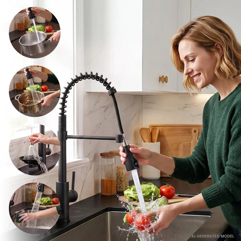 Commercial Grade Kitchen Workstation Faucet with with Glass Rinser & LED in use, washing tomatoes in a modern kitchen.