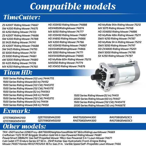 Chart displaying compatible models list for TimeCutter, Titan HD, Exmark, and others with image of a 10 Tooth CW Starter Motor.