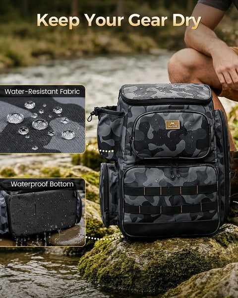 All Day Angler Fishing Backpack With Four Tackle Boxes And Rod Holders, water-resistant design on rocks by river