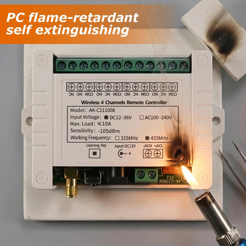 Four Channel 433 MHz Wireless Relay Switch Remote Control For Garage Door Opener And Industrial Control With 12V 24V 36V DC Compatibility Up To 600 Feet Long Range Transmitter flame test on PC case