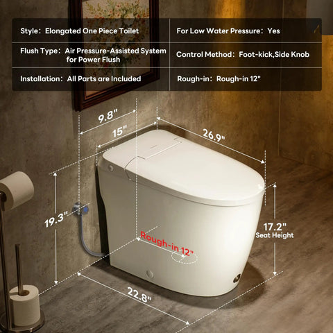 No Hassle Elongated One Piece Toilet Featuring 17.2 Inch Ada Comfort Height With Big Time Air Pressure Assist Flush And Nifty Hands Free Foot Kick Lever For A Smooth And Refreshing Bathroom Clean