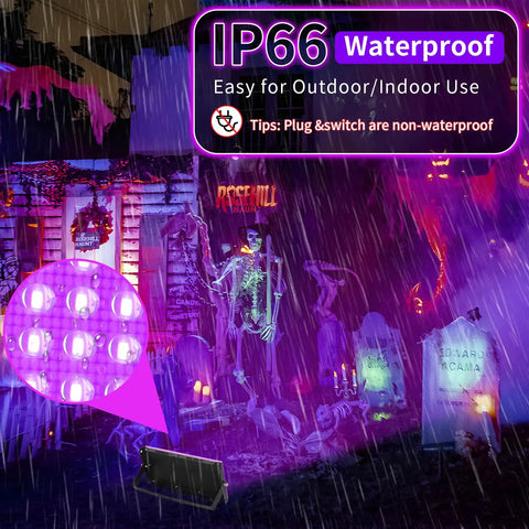 50W LED Black Lights With Switch And Plug Two Pack IP66 Waterproof For Indoor And Outdoor Glow Creates Realistic Fluorescent Effects With 385 To 400 Nanometer Light Party Ready Glow For Parties Venues And Home Rooms Up To 10x10 Feet. black light with 50 LEDs