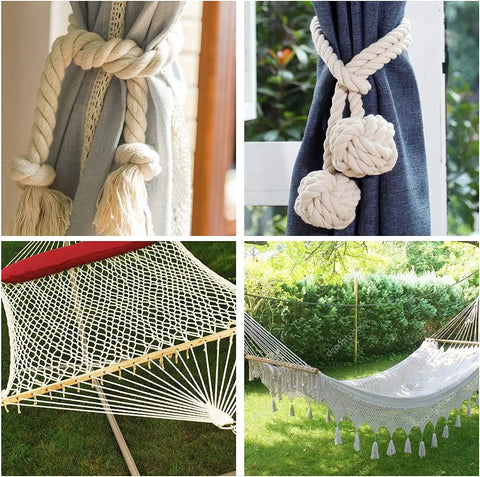 Thick 1 Inch Natural Cotton Craft Rope 100 Ft Four Strand Twisted Cord Soft White Macrame String used in decor and outdoors