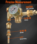 Exploded view of brass welding gas regulator with gauge, CGA580 inlet, showing RH male fittings and 1/4" barbed connector