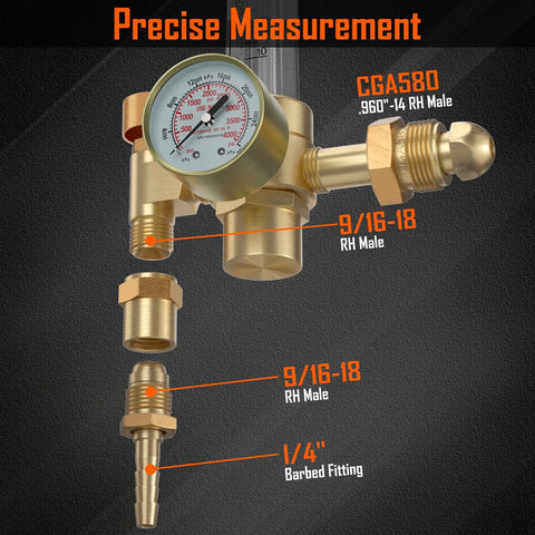 Exploded view of brass welding gas regulator with gauge, CGA580 inlet, showing RH male fittings and 1/4" barbed connector