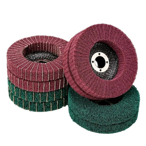 Versatile Non-Woven Flap Polishing Wheel Disc For Angle Grinders To Smooth Metal Wood And DIY Home Projects With Sandpaper Finish In Vibrant Green, featuring green and maroon discs.