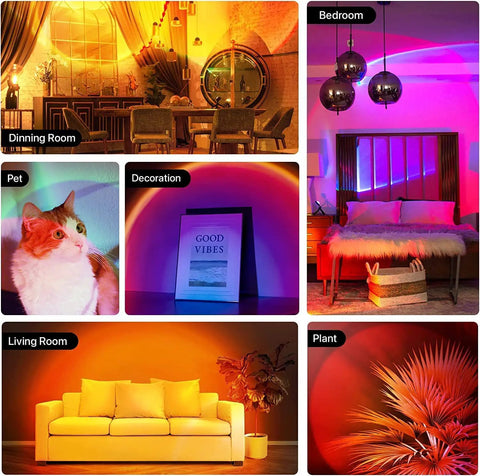 Various rooms illuminated by Sunset Lamp Projector LED Night Light With 180 Degree Rotation Rainbow Projection USB Powered Romantic Visual Light For Home Party Living Room Bedroom Decor Vibe