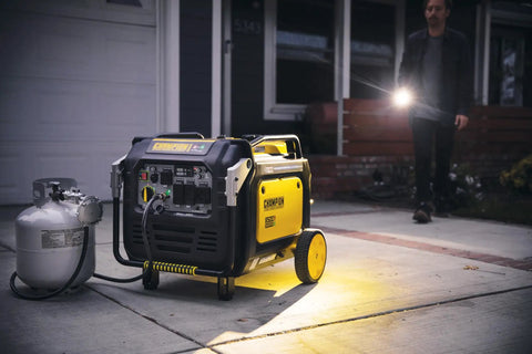 8500 Watt Dual Fuel Portable Inverter Generator With Quiet Technology And CO Shield Electric Start shown on driveway with propane tank