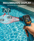Infrared Thermometer Gun With Meat Thermometer Included, Lightning Fast 0.5 Second Readouts, Industrial Grade Sensor, Emissivity Adjustable 0.1 to 0.99, 12 to 1 Spot Ratio, Wide -58F to 1112F Range, Perfect For Grilling And BBQ Boss, held over pool water