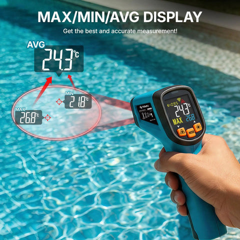 Infrared Thermometer Gun With Meat Thermometer Included, Lightning Fast 0.5 Second Readouts, Industrial Grade Sensor, Emissivity Adjustable 0.1 to 0.99, 12 to 1 Spot Ratio, Wide -58F to 1112F Range, Perfect For Grilling And BBQ Boss, held over pool water