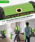 Self Leveling Green Cross Line Laser Level With 100 Ft Range For DIY Construction And Indoor Decoration Accurate Leveling And Plumb In A Snap Built In Li Ion Battery for long-lasting power, featuring a 1/4 inch threaded mount at the bottom for easy attachment to tripods or rotating bases.