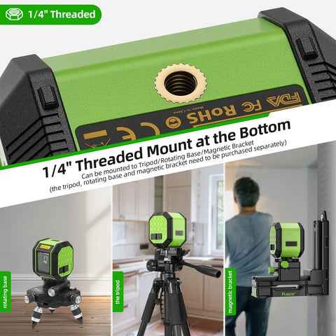 Self Leveling Green Cross Line Laser Level With 100 Ft Range For DIY Construction And Indoor Decoration Accurate Leveling And Plumb In A Snap Built In Li Ion Battery for long-lasting power, featuring a 1/4 inch threaded mount at the bottom for easy attachment to tripods or rotating bases.