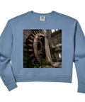 Gucci Womens Industrial Gear Ruin Factory Machinery Comfort Colors Crop Sweatshirt In Soft Black With Relaxed Fit And Lived-In US Cotton Vibe For Ultimate Chill Style displayed over vintage machinery in soft black.