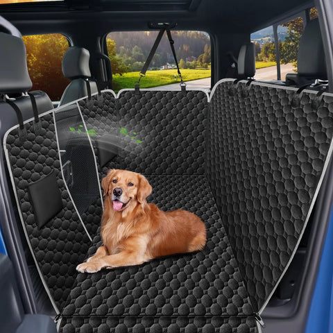 Built Like A Tank Dog Car Seat Cover For Tesla Cybertruck 2024 And Newer in black honeycomb texture with a golden retriever.