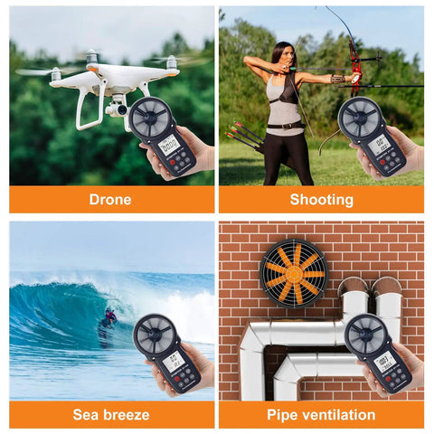 Handheld Anemometer Wind Speed And Airflow Gauge With Temperature And Wind Chill, Pro Grade Digital Meter For HVAC And Drones in use.
