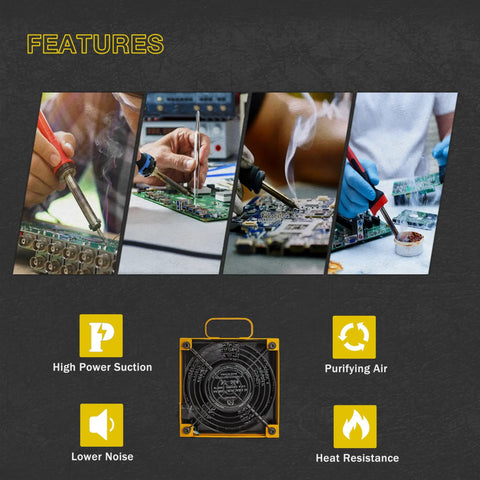 Dual Activated Carbon Filter Solder Fume Extractor With Slick Removable Magnetic Flaps And Steady Airflow Keeps Shop Smoke Way Off You Plug And Play Setup For Hardware Crews in use capturing solder smoke during electronics repair.