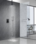 Dope 16 Inch Matte Black Shower System With Rainfall Head And Handheld Ceiling Mounted Bathroom Kit showering water