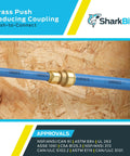 Three Quarters Inch To One Half Inch Reducing Brass Push To Connect Coupling, Pack Of 12, installed on blue pipe