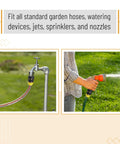 Garden Hose Quick Connectors Three Quarters Inch Universal Fit With Quick Release Fittings Set Of Four Adapters attached to hose