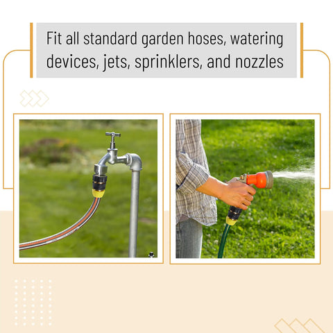 Garden Hose Quick Connectors Three Quarters Inch Universal Fit With Quick Release Fittings Set Of Four Adapters attached to hose