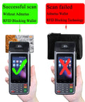 Men's Zipper Leather Bifold Wallet With RFID Blocking Slim Zip Around Card Holder next to RFID scanner in scan test