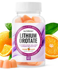 Bottle of Lithium Orotate Gummies 5mg For Mood Support And Stress Management Helps Keep Your Mood Chill Daily Promotes Relaxed Focus And Resilience Balance Vegan Gluten Free Non GMO with orange flavor and sliced oranges in background.