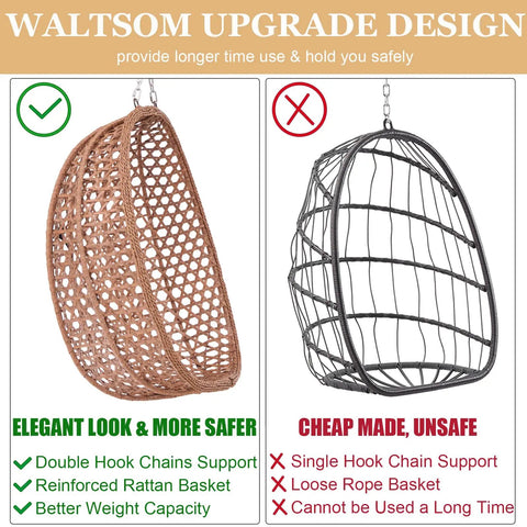 Comparison of safe reinforced rattan and unsafe loose rope baskets for Cozy Hexagon Rattan Egg Swing Chair With Stand For Home And Outdoor Chill Wicker Hammock