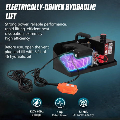 Heavy Duty Portable Hydraulic Car Lift Featuring A Hella Rugged Nine Thousand Pound Capacity, electric hydraulic pump, 1 hp rated power.