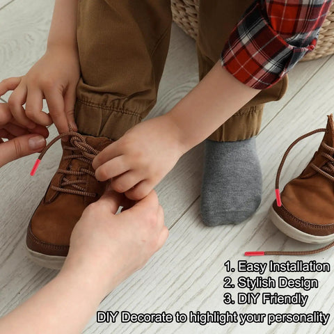 Parent helping child tie shoes with Beefy 24 Pack Alloy Shoelace Tips With Screws 25mm End Caps Orange For DIY Shoestrings Replacement Aglets Durable And Easy To Install 4mm Inner Diameter 6mm Width 25mm Length visible.