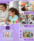 Kids Instant Print Camera for Creative Selfies and DIY Photos, Purple Gift for Girls and Boys Ages 3 to 12, Inkless Photo Printer Kit With 3 Print Rolls and 5 Colored Pens, Great for Scrapbooks, Crafts, and Colorful Memories, purple camera with screen and accessory uses