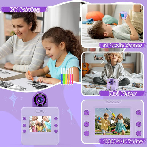 Kids Instant Print Camera for Creative Selfies and DIY Photos, Purple Gift for Girls and Boys Ages 3 to 12, Inkless Photo Printer Kit With 3 Print Rolls and 5 Colored Pens, Great for Scrapbooks, Crafts, and Colorful Memories, purple camera with screen and accessory uses