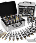 Front view of FROOOK 22-piece carbide hole saw kit for metal in a metal case with drill bits, pilots and L-wrenches